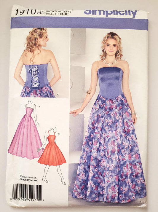 SIMPLICITY Sewing Pattern 1910 Dress with Boning, Full Skirt, Strapless Bodice, Prom, Evening Dress SIZE 6-14