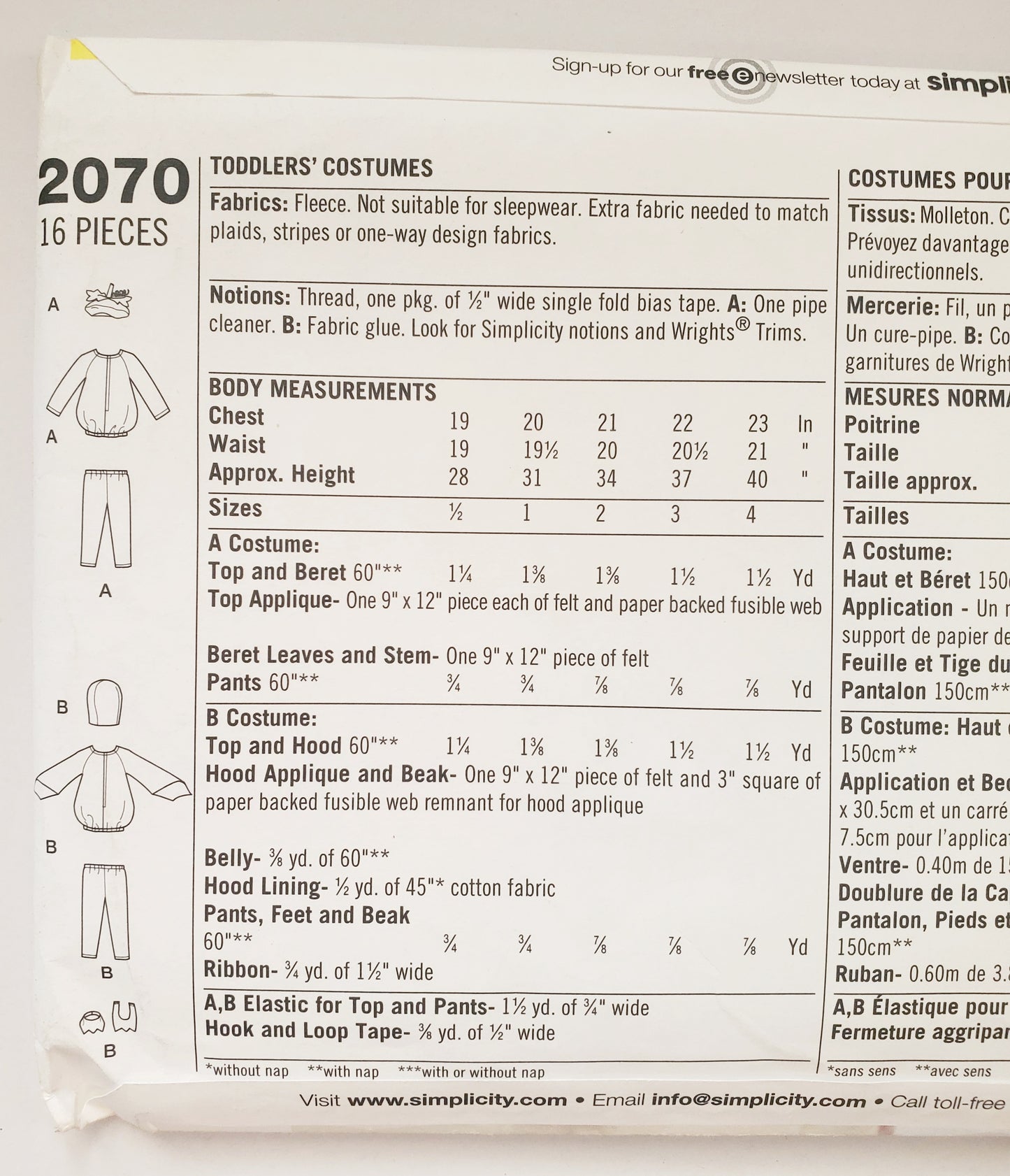 SIMPLICITY Sewing Pattern 2070 Toddler Halloween Costume SIZE 1/2, 1,2,3,4