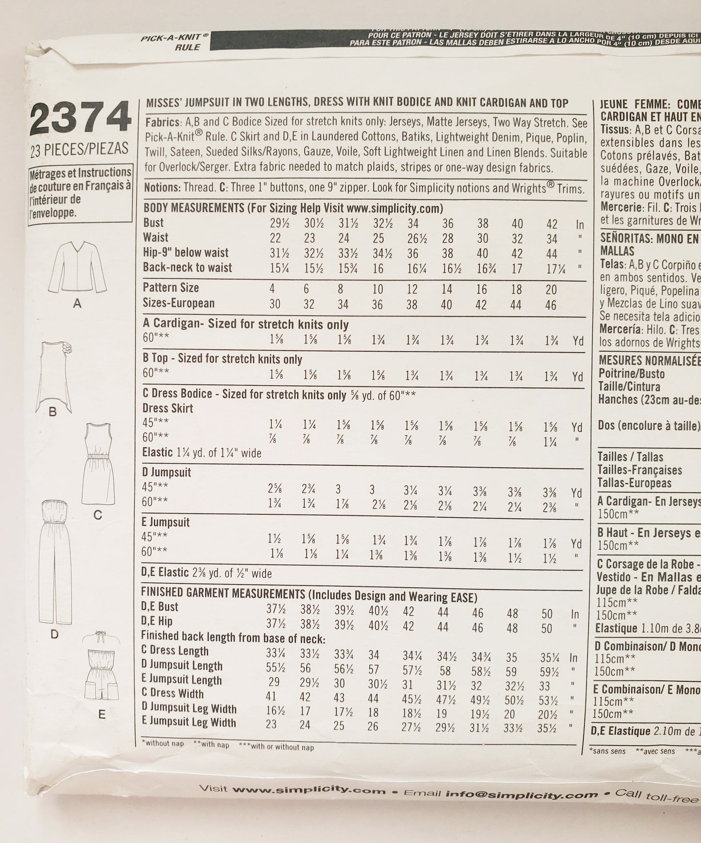 SIMPLICITY Sewing Pattern 2374, Jumpsuit, Dress, Knit Cardigan, Girls, Kids, Size 4-12