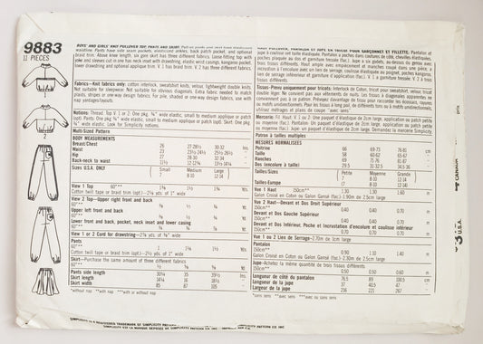 SIMPLICITY Sewing Pattern 9883, Kids, Unisex Knit Pullover Top, Pants, Skirts, Boys, Girls, Size Small - Large