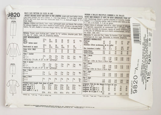 SIMPLICITY Sewing Pattern 9820, Unlined Jacket, Skirt, Skirt in Two Lengths, Size 10-20