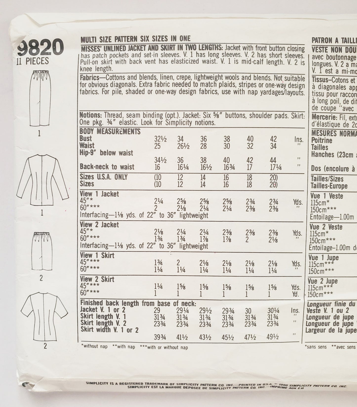 SIMPLICITY Sewing Pattern 9820, Unlined Jacket, Skirt, Skirt in Two Lengths, Size 10-20