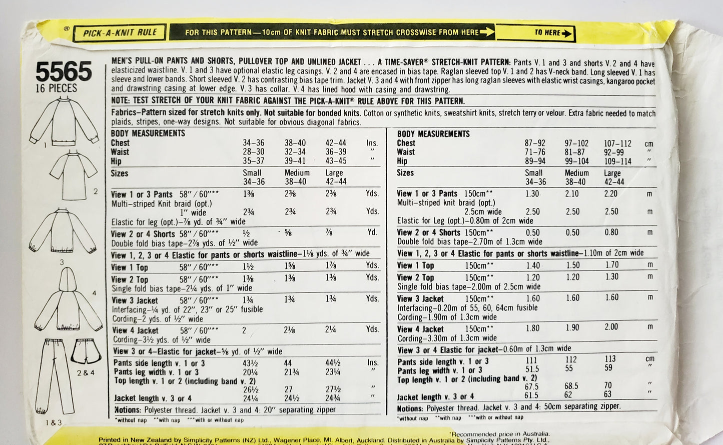 SIMPLICITY Sewing Pattern 5565, Mens, Pants, Shorts, Top, Jacket, Trackpants, Size 38-40