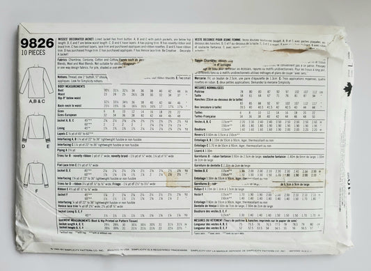 SIMPLICITY Sewing Pattern 9826, Jacket, Decorate a Decorate, Lined Jaclet, Size 18-22