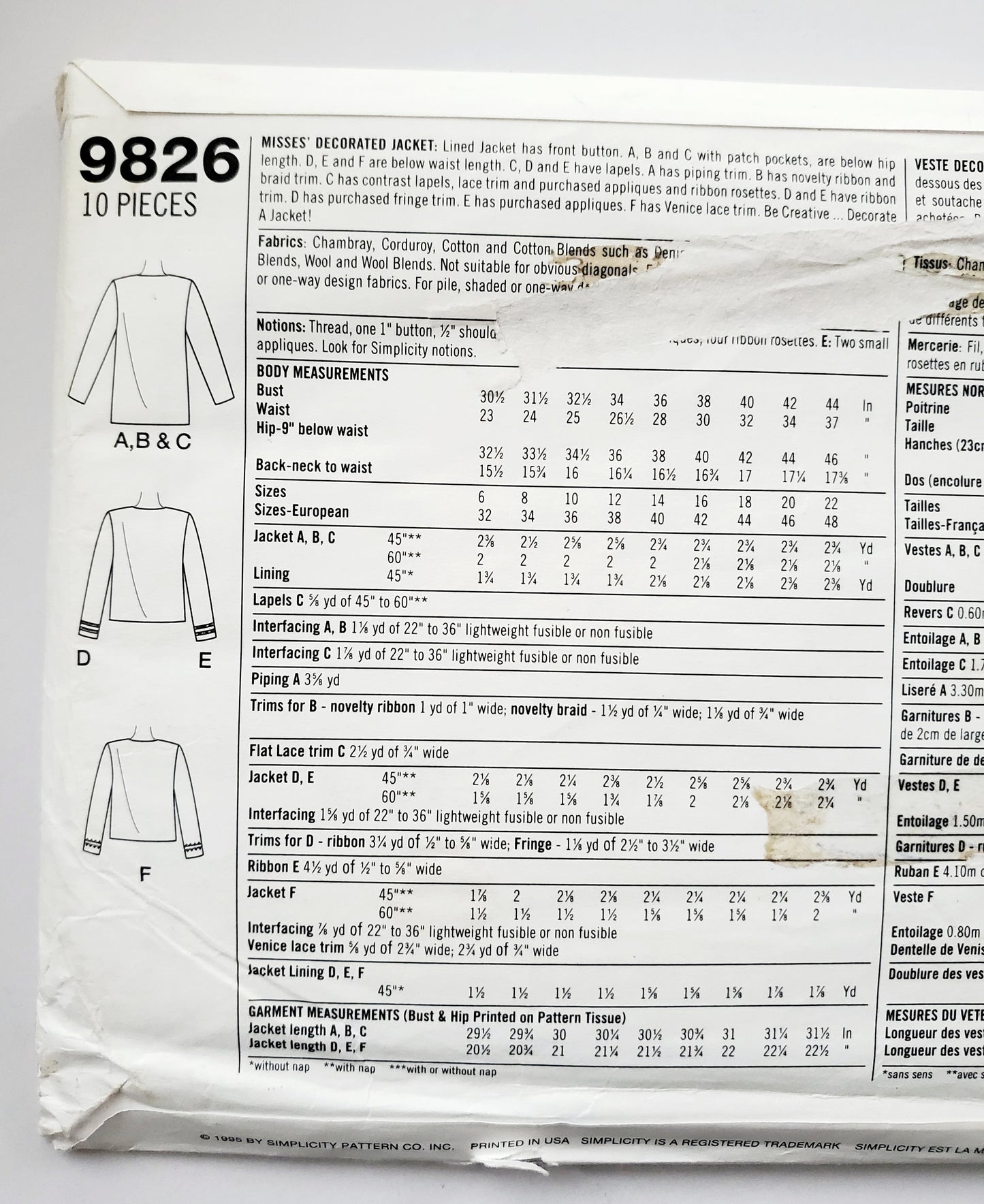SIMPLICITY Sewing Pattern 9826, Jacket, Decorate a Decorate, Lined Jaclet, Size 18-22