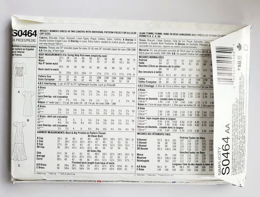 SIMPLICITY Sewing Pattern S0464, Dress, Amazing Fit, Lace Overlay, Size 10-18