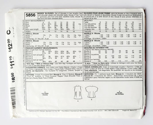 MCCALLS Sewing Pattern 5856 Blouses Front Shoulder Pleats, Two Lengths, Size 8