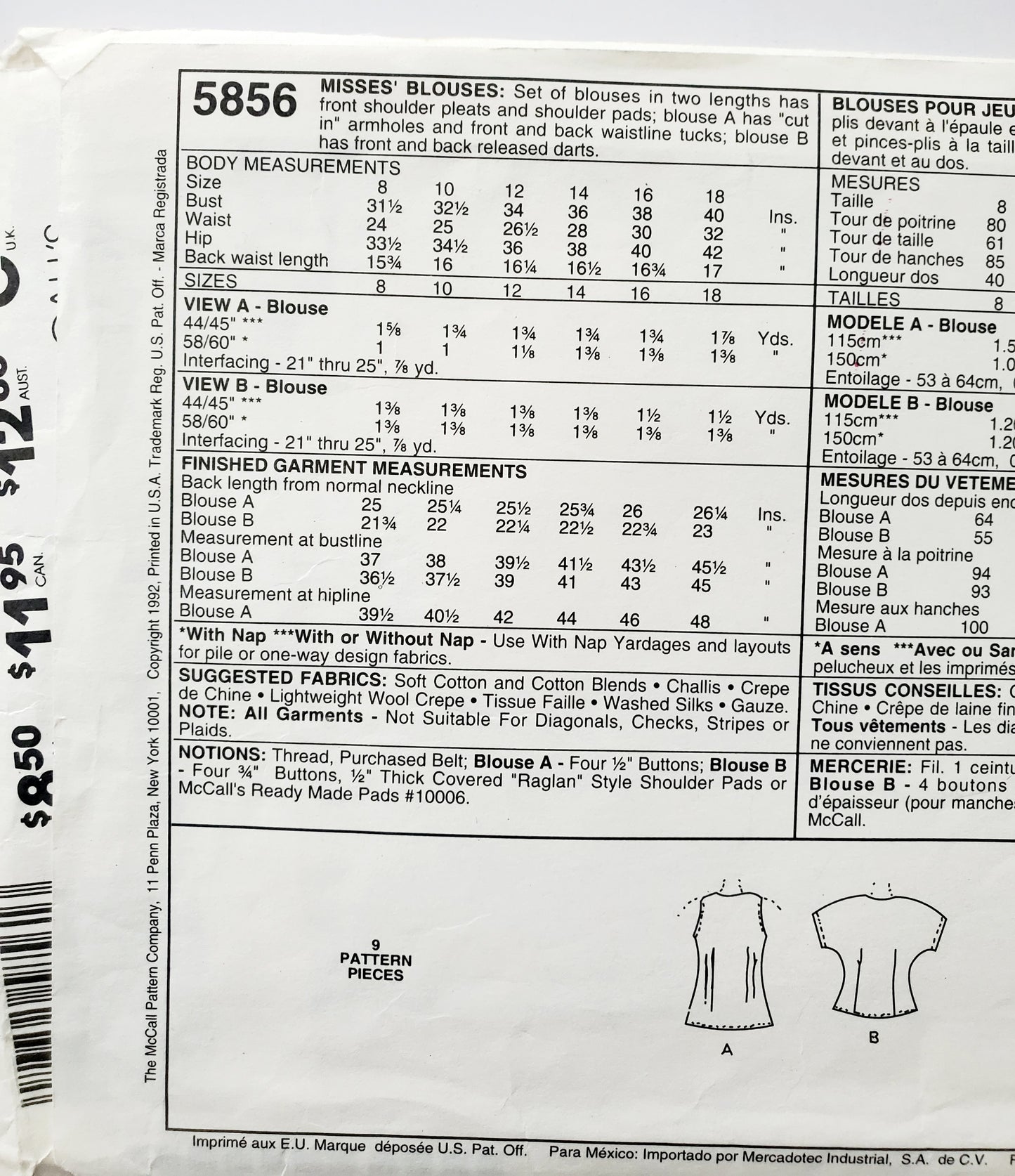 MCCALLS Sewing Pattern 5856 Blouses Front Shoulder Pleats, Two Lengths, Size 8