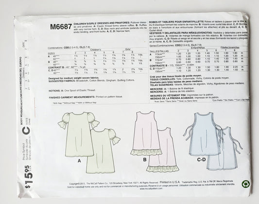 MCCALLS Sewing Pattern M6687 Girls Pinafore, Dresses, Side Ties, Ruffles, Kids Size 6-8