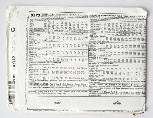 MCCALLS Sewing Pattern 6373 Early 90's Pullover Tops, Size 8-12