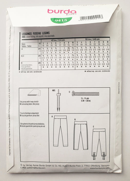 BURDA KIDS, Sewing Pattern 9415, Pants, Leggings, Girls, Kids, Size 3-10