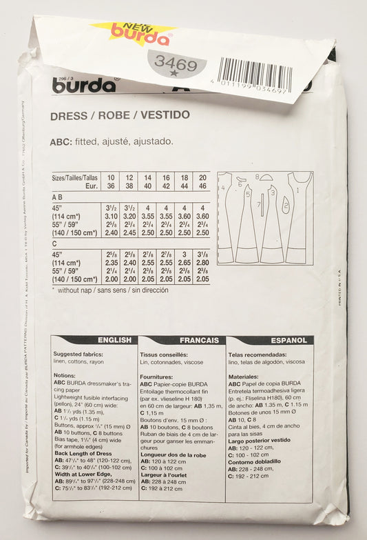 BURDA, Sewing Pattern 3469, Dress, Buttoned Dress, Size 10-20