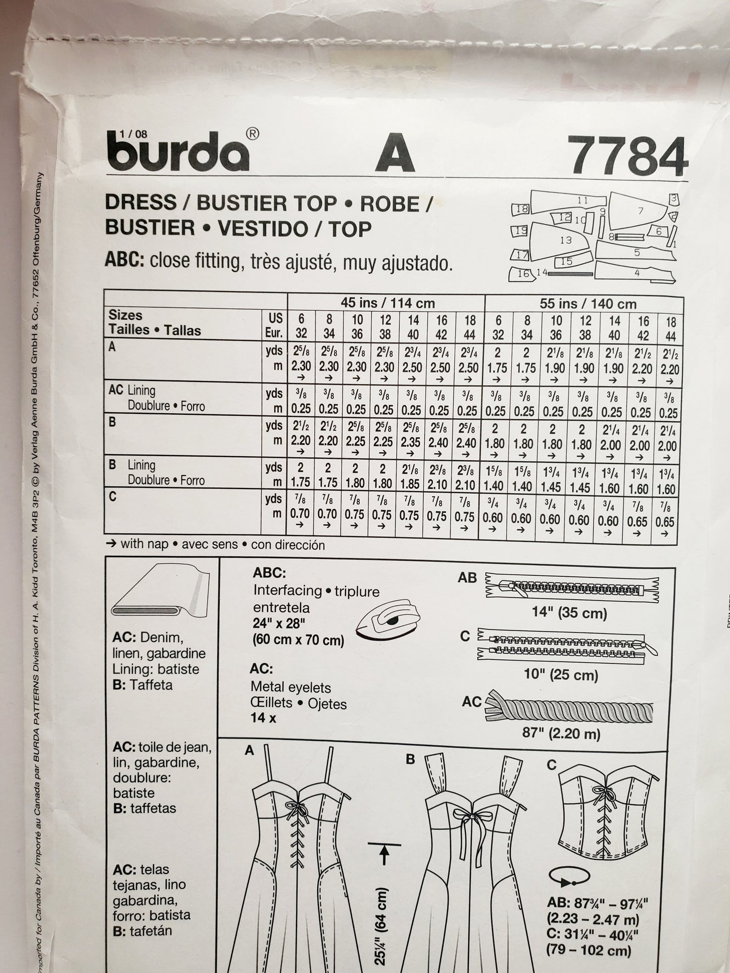 BURDA Sewing Pattern 7784, Dress, Lace-Up Sweetheart Sundress, Size 6-18