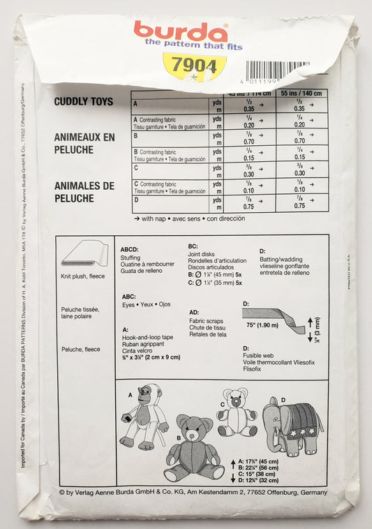 BURDA CREATIV, Sewing Pattern 7904, Monkey, Teddy Bears, Elephant, Soft Toys, Cuddly Toys, Animals, Size 45cm, 56cm, 38cm, 32cm.