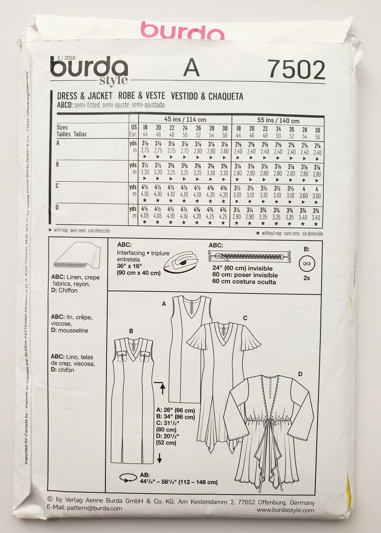 BURDA STYLE, Sewing Pattern 7502, Dress, and Chiffon Jacket, Size 18-30