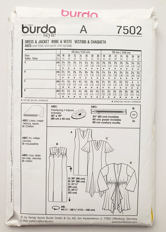 BURDA STYLE, Sewing Pattern 7502, Dress, and Chiffon Jacket, Size 18-30
