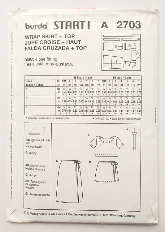 BURDA START 1, Sewing Pattern 2703, Skirt, Crop Top, Girls, Kids, Toddlers, Size 18M-7