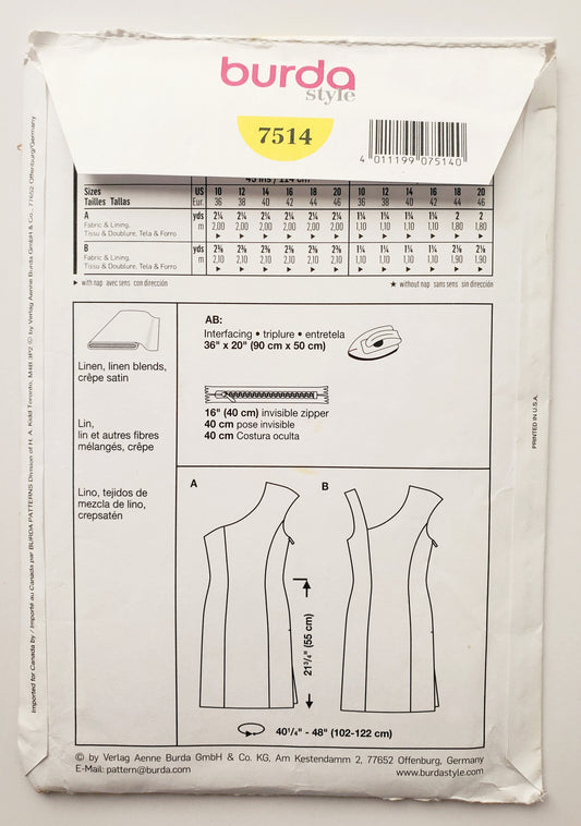 BURDA STYLE, Sewing Pattern 7514, Dress, One-Shoulder Dress, Size 10-20