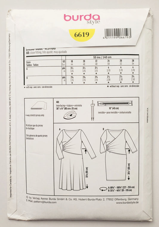 BURDA STYLE, Sewing Pattern 6619, Wrap Bodice Overlay Dress, Size 18-28
