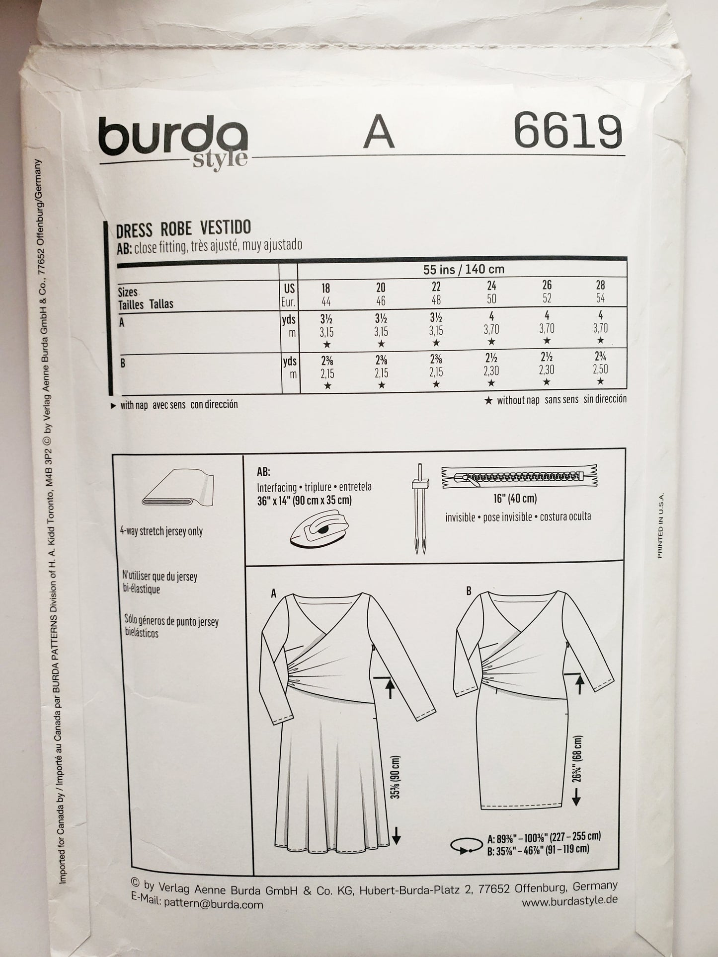 BURDA STYLE, Sewing Pattern 6619, Wrap Bodice Overlay Dress, Size 18-28