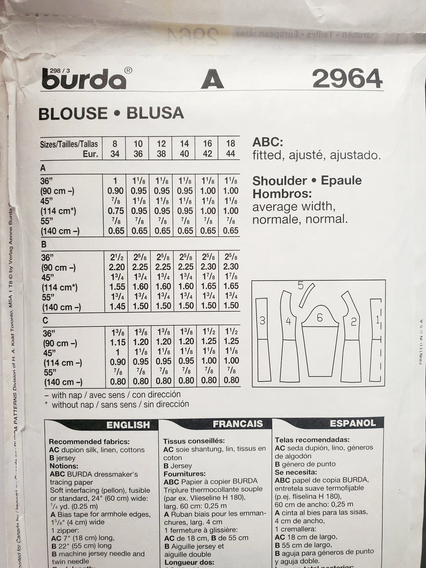 BURDA, Sewing Pattern 2964, Pants, Jacket, Top, Fitted, Size 8-18