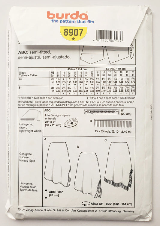 BURDA EASY, Sewing Pattern 8907, Skirt with Uneven Hemline, Fringe, Size 8-20