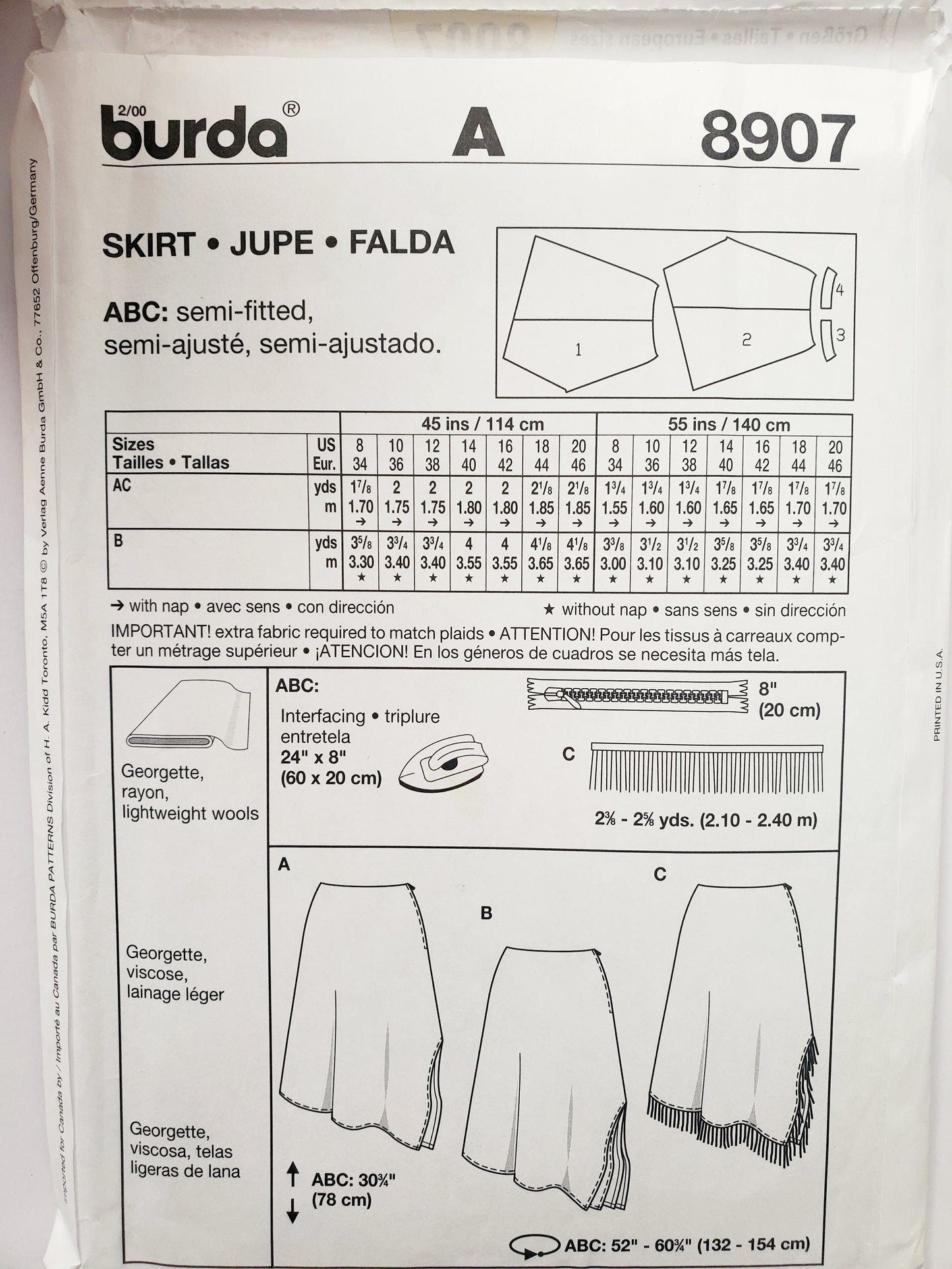 BURDA EASY, Sewing Pattern 8907, Skirt with Uneven Hemline, Fringe, Size 8-20