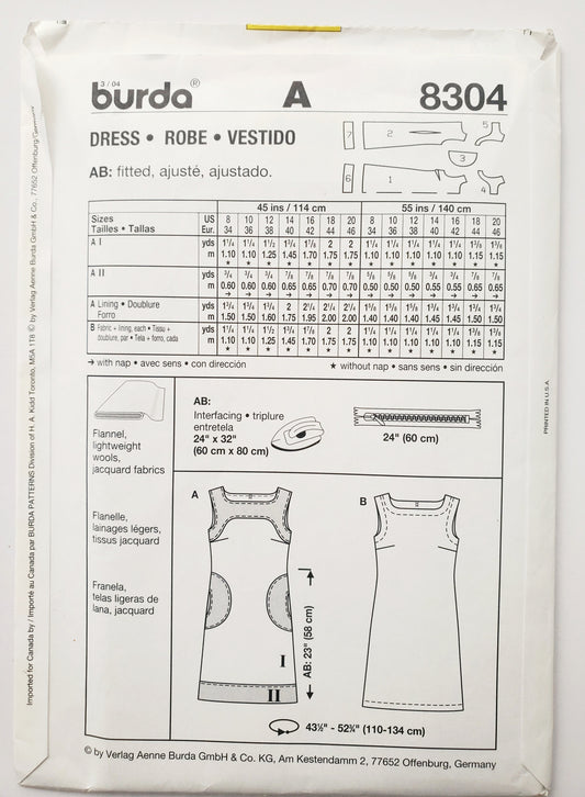BURDA, Sewing Pattern 8304, Dress, Dress with Contrast Fabric, Size 8-20