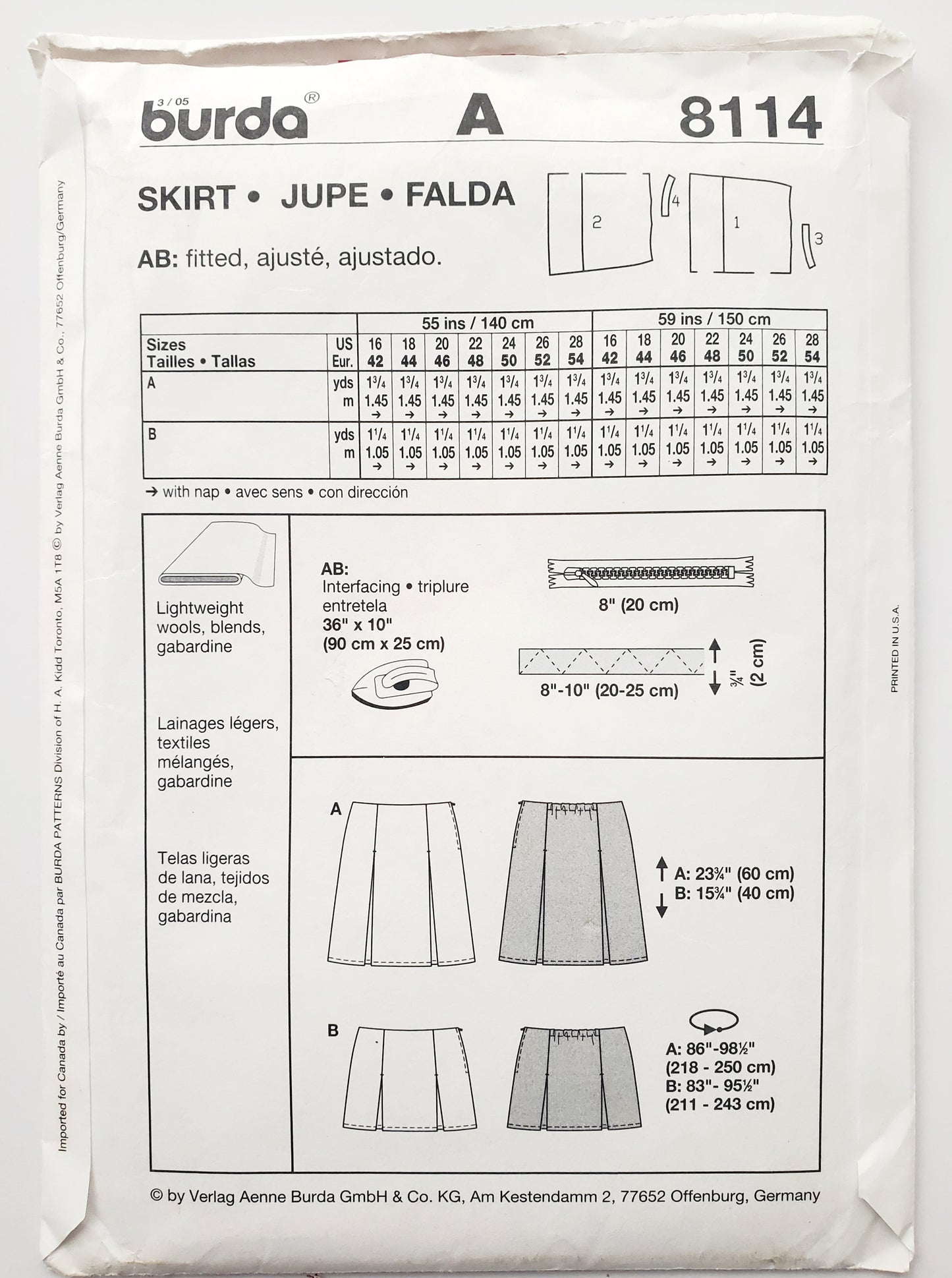 BURDA YOUNG, Sewing Pattern 8114, Skirt, Skirt with Box Pleats, Size 16-28