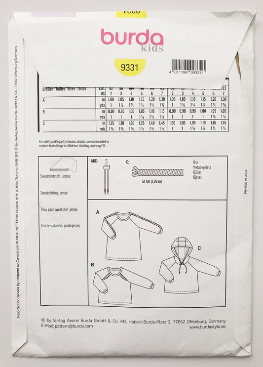 BURDA KIDS, Sewing Pattern 9331, Top, Jumper, Sweater, Hood, Kids, Girls, Size 2-7