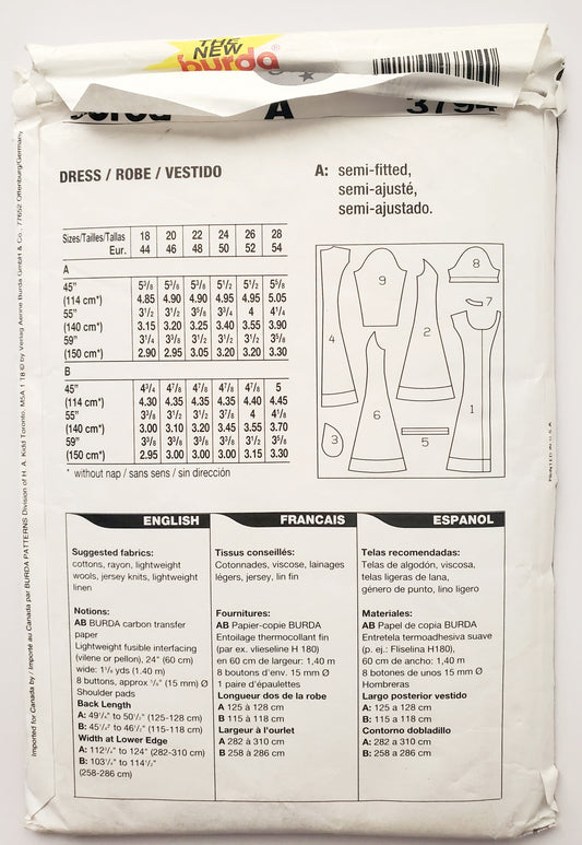 BURDA PLUS, Sewing Pattern 3794, Dress, Buttoned Dress, Short Sleeve, Long Sleeve, Size 18-28