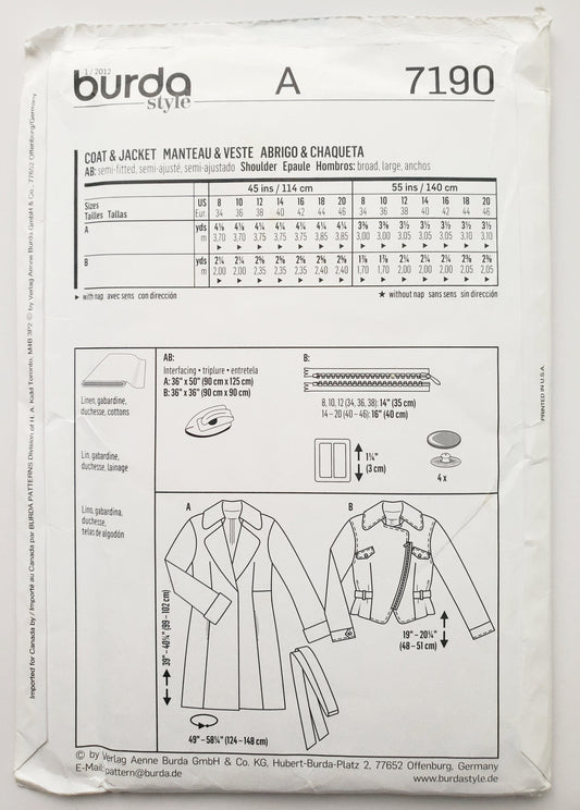 BURDA STYLE, Sewing Pattern 7190, Jacket, Coat, Size 8-20