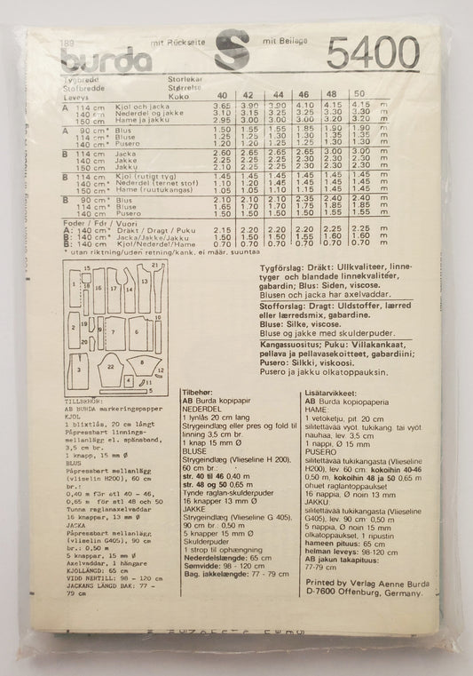 BURDA, Sewing Pattern 5400, Jacket, Skirt, Top, Size 14-20