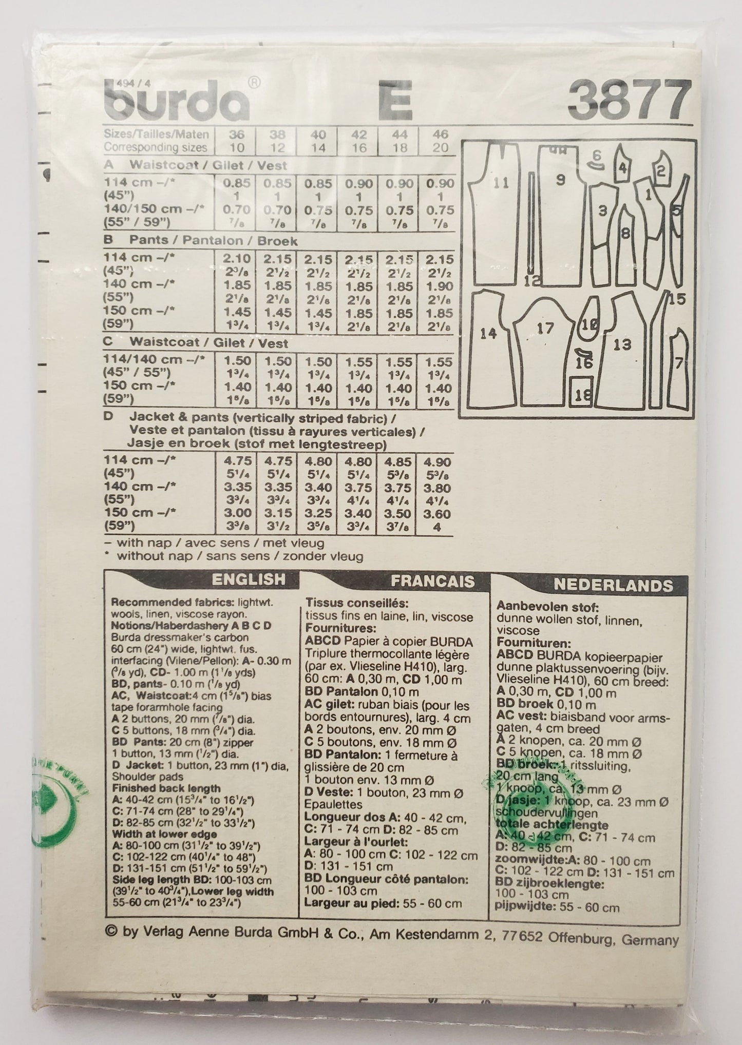 BURDA COUTURE, Sewing Pattern 3877, Pants, Jackets, Coordinates, Size 10-20