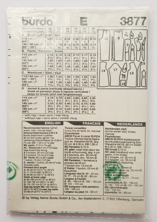 BURDA COUTURE, Sewing Pattern 3877, Pants, Jackets, Coordinates, Size 10-20