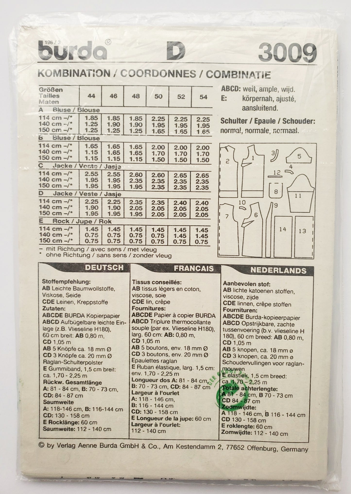 BURDA, Sewing Pattern 3009, Super Combination, Top, Skirt, Size 18-28