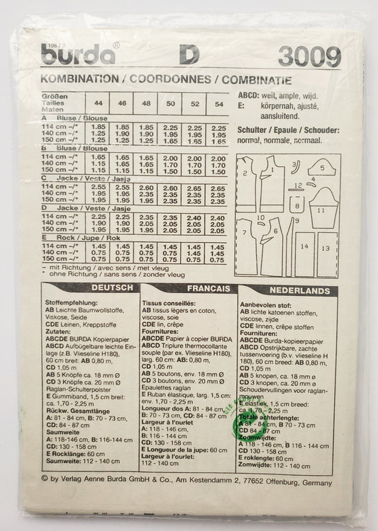 BURDA, Sewing Pattern 3009, Super Combination, Top, Skirt, Size 18-28