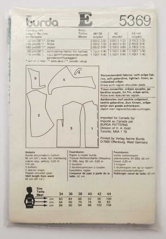 BURDA COLLECTION SPECIAL, Sewing Pattern 5369, Dress with Deep Back V-Neck, Size 10-22