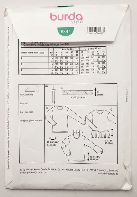 BURDA STYLE, Sewing Pattern 6367, Pull -Over Tops with Neckline Variations, Size 10-18