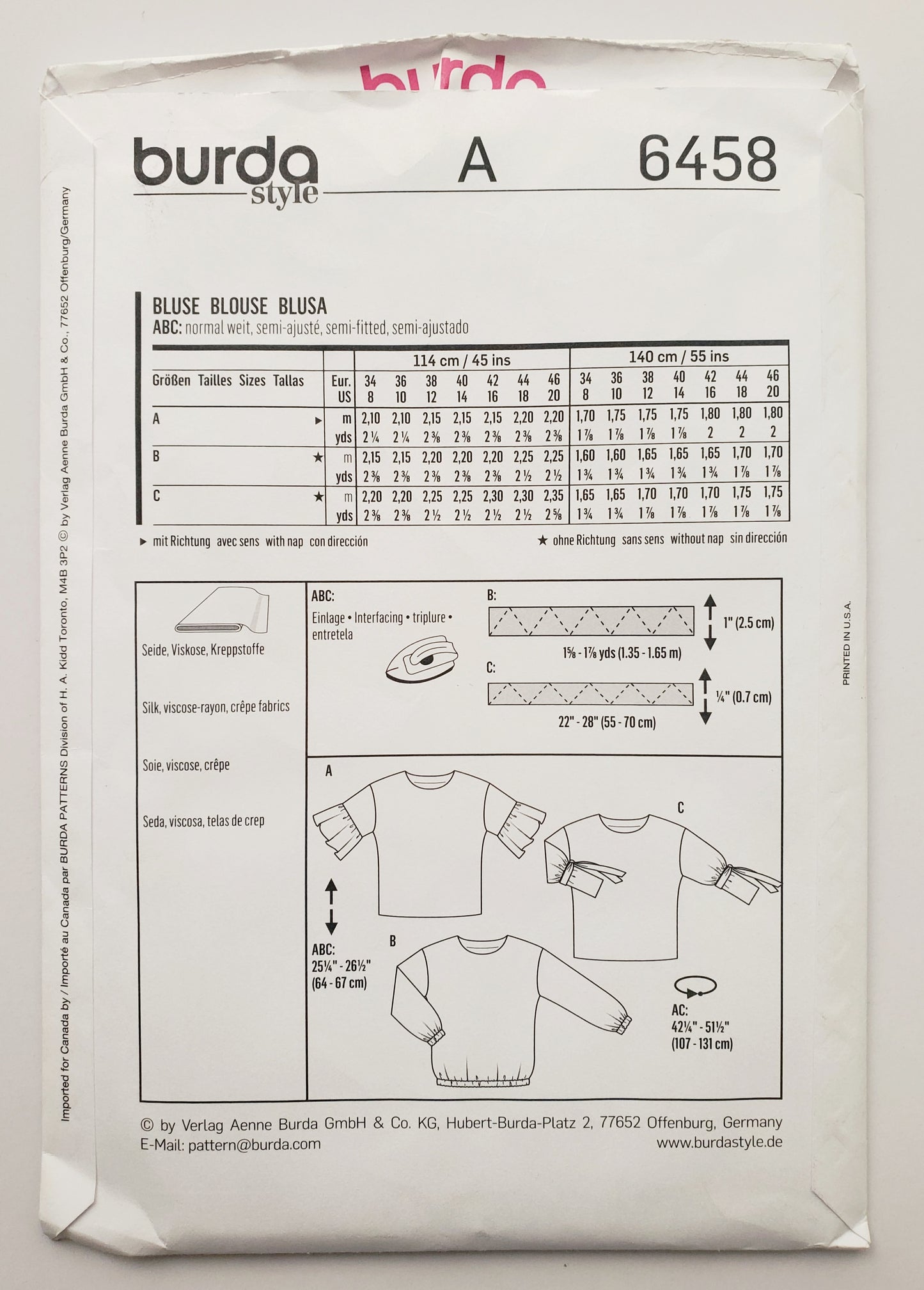 BURDA STYLE, Sewing Pattern 6458, Tops with Sleeve Variations, Ruffle, Elasticated, Tie-Cuff, Size 8-20