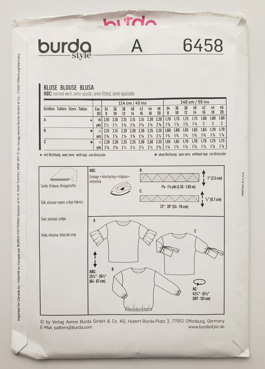 BURDA STYLE, Sewing Pattern 6458, Tops with Sleeve Variations, Ruffle, Elasticated, Tie-Cuff, Size 8-20