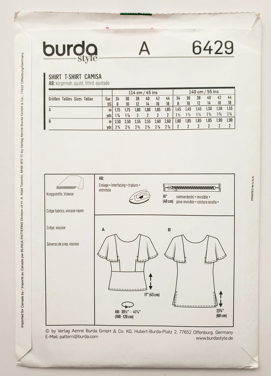 BURDA STYLE, Sewing Pattern 6429, Tops with Flutter Sleeves, Size 8-18