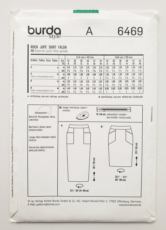BURDA STYLE, Sewing Pattern 6469, Skirt with Pockets, Two Variations, Size 8-18