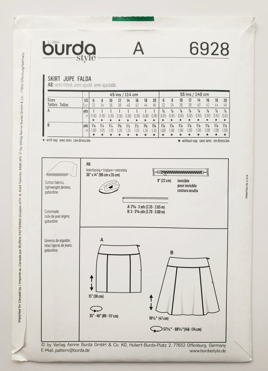 BURDA STYLE, Sewing Pattern 6928, Short Skirt, Short Flared Skirt, Size 6-20