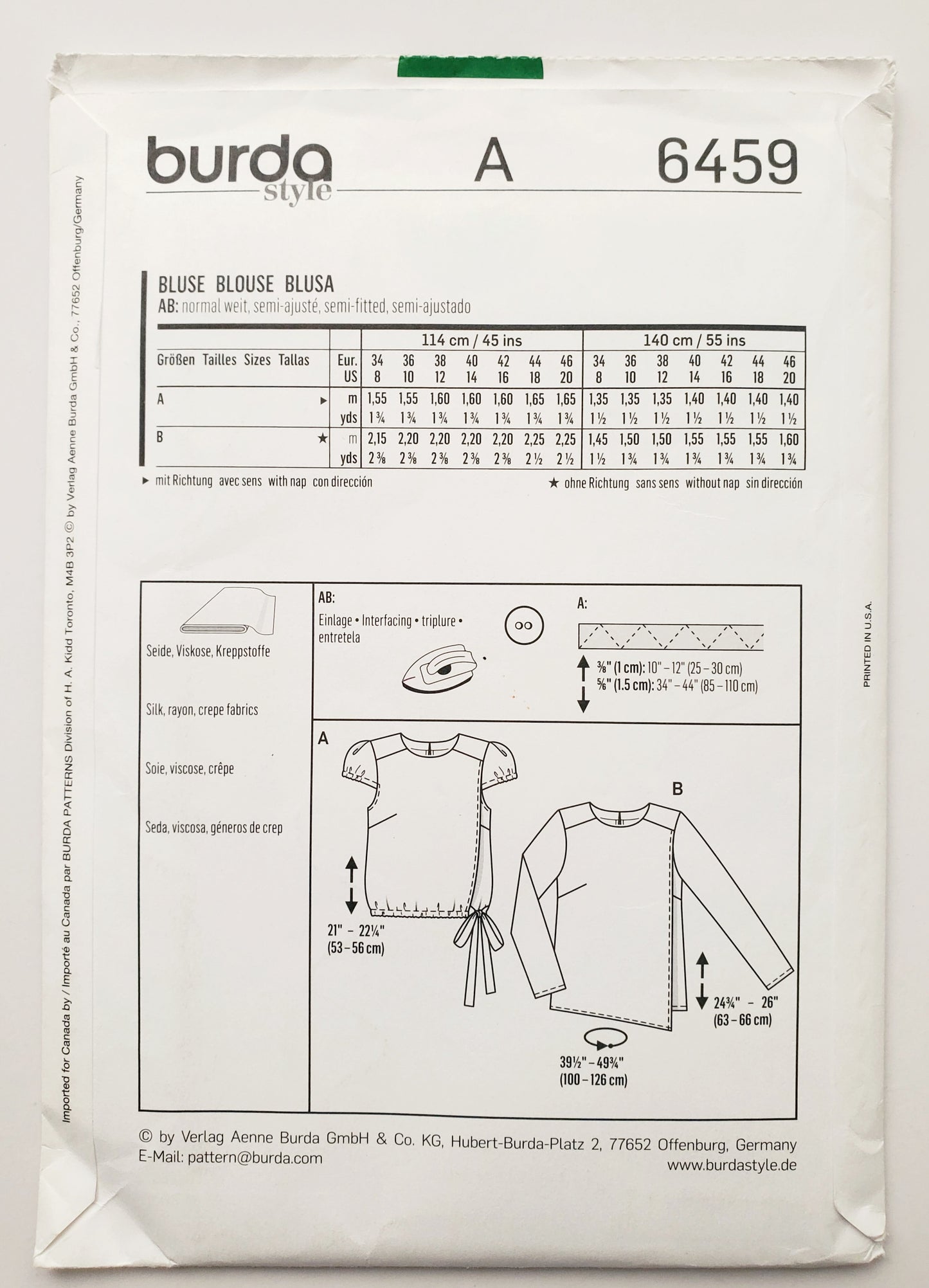 BURDA STYLE, Sewing Pattern 6459, Top Variations with Overlay, Waistline Drawstring, Size 8-20 (Copy)