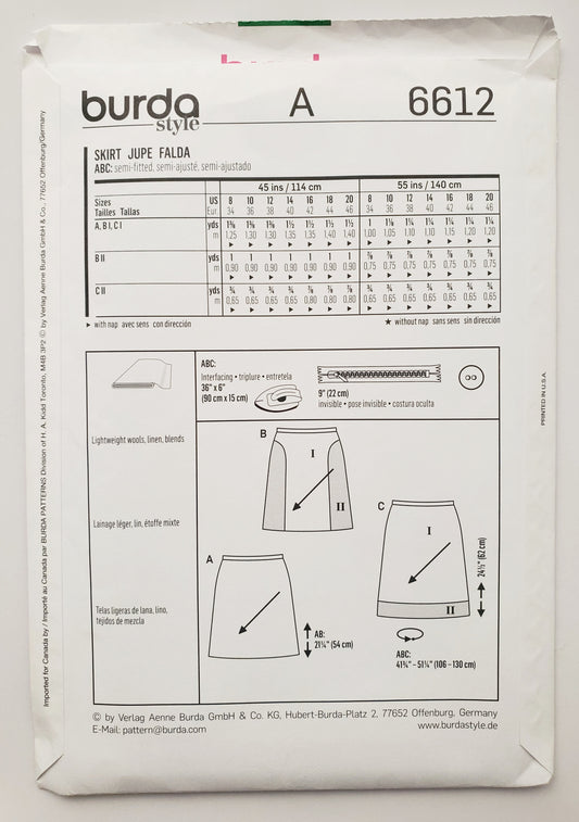 BURDA STYLE, Sewing Pattern 6612, Skirts with Contrast Fabric, Size 8-20