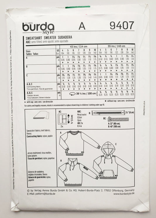BURDA KIDS, Sewing Pattern 9407, Jumpers, Jumpers with Hoods, High Collar, Boys, Kids, Size 4-10