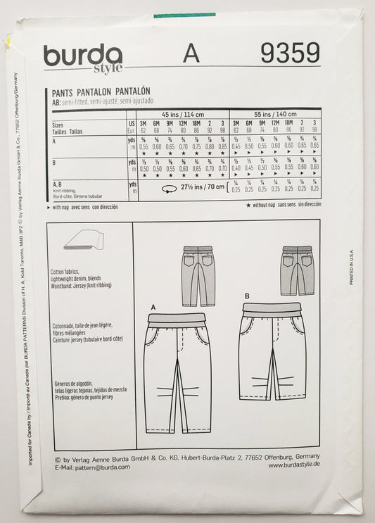 BURDA KIDS, Sewing Pattern 9359, Pants with Knit Ribbing For Waistband, Kids, Toddlers, Size 3M-3