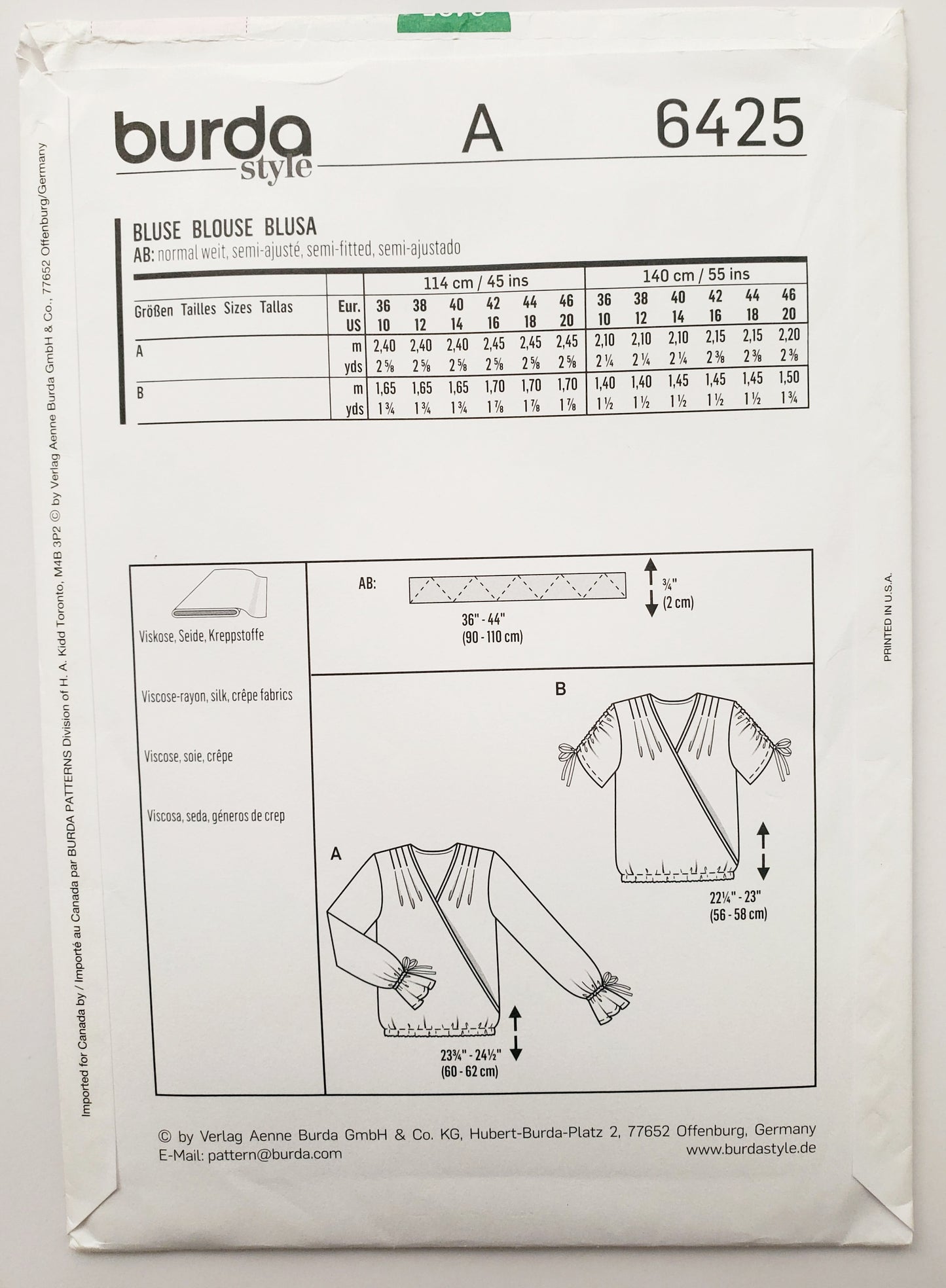 BURDA STYLE, Sewing Pattern 6425, Tops with Ruched Short Sleeves, Long Sleeves with Drawstring Cuffs, Size 10-20