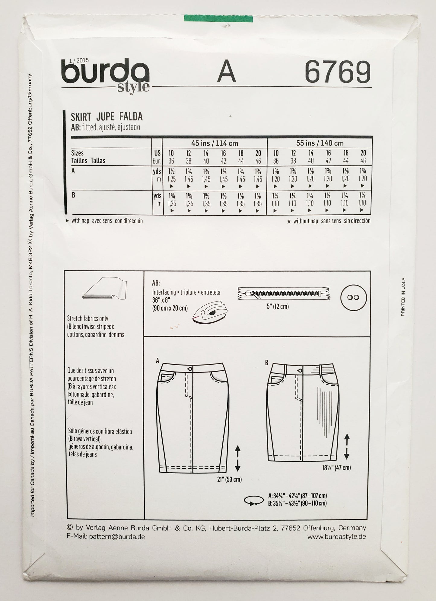 BURDA STYLE, Sewing Pattern 6769, Straight Short Skirt, Denim, Size 10-20